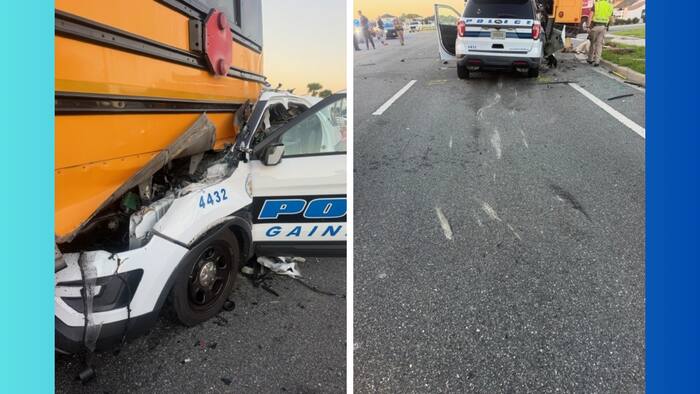 Дежурный офицер Гейнсвилля серьезно пострадал после того, как остановил школьный автобус сзади; Водитель, помощник и студент госпитализированы