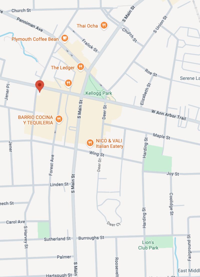 Map showing Fourgrounds Coffee at 995 West Ann Arbor Trail, Plymouth, Michigan — near Canton, Livonia, and Northville (often searched as Foregrounds Coffee)
