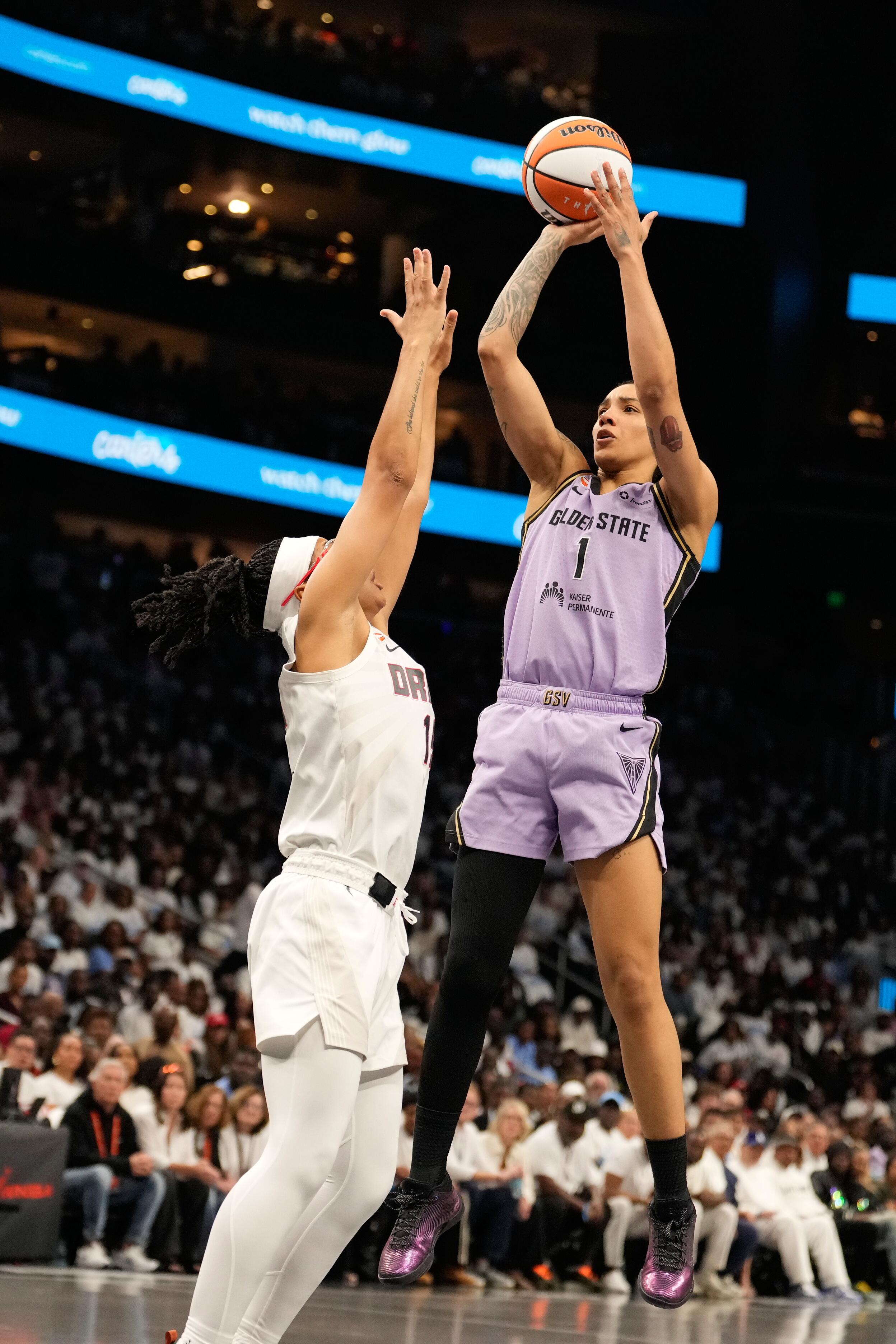 Gabby Williams shoots over Allisha Gray during Game 4 of the 2026 WNBA Finals
