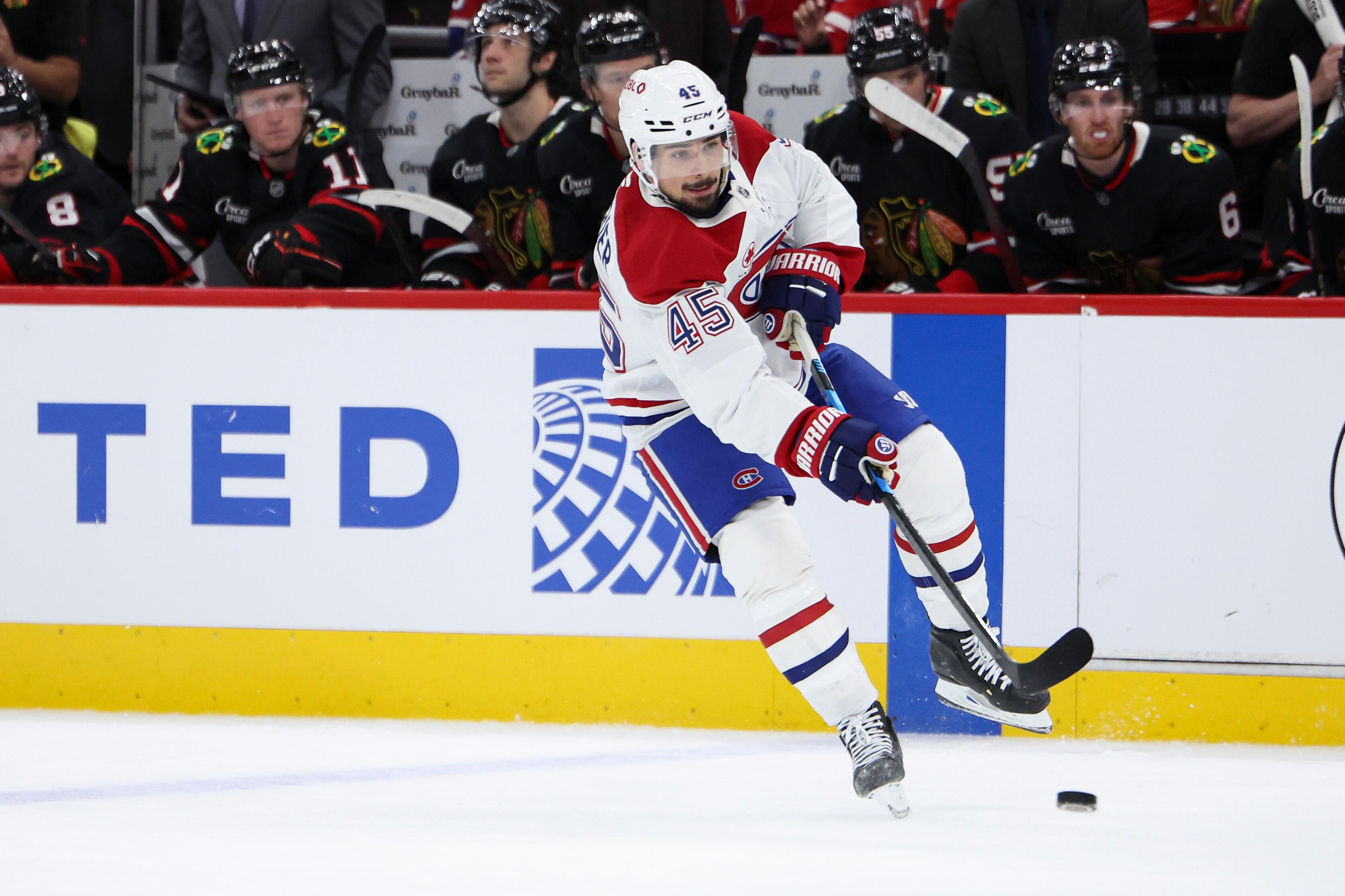 Montreal defenseman Alexandre Carrier shooting against Chicago in the October 23, 2026 game