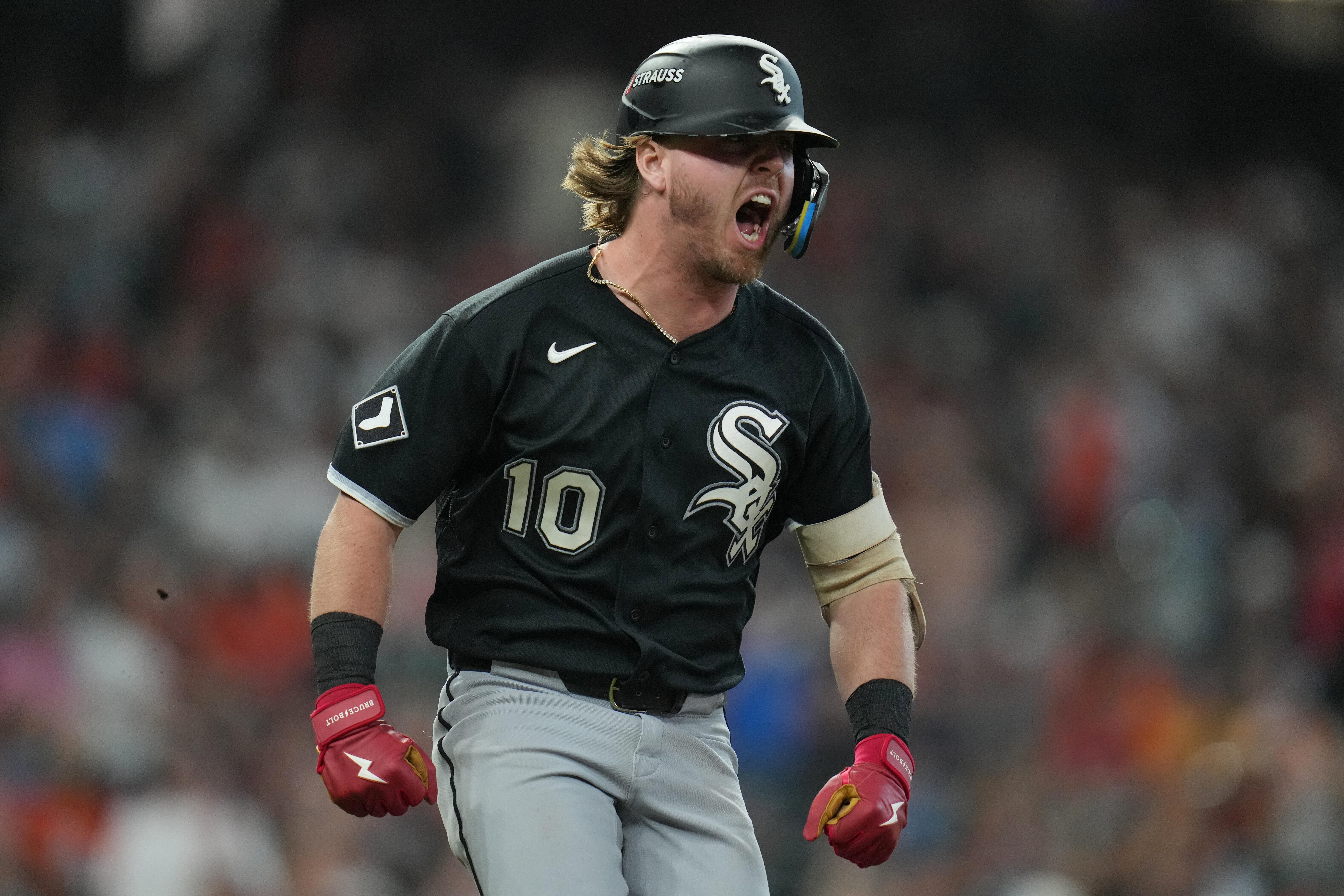Chase Meidroth celebrates after hitting a three-run home run for the Chicago White Sox in Game 2 of the 2026 AL Wild Card Series against Houston