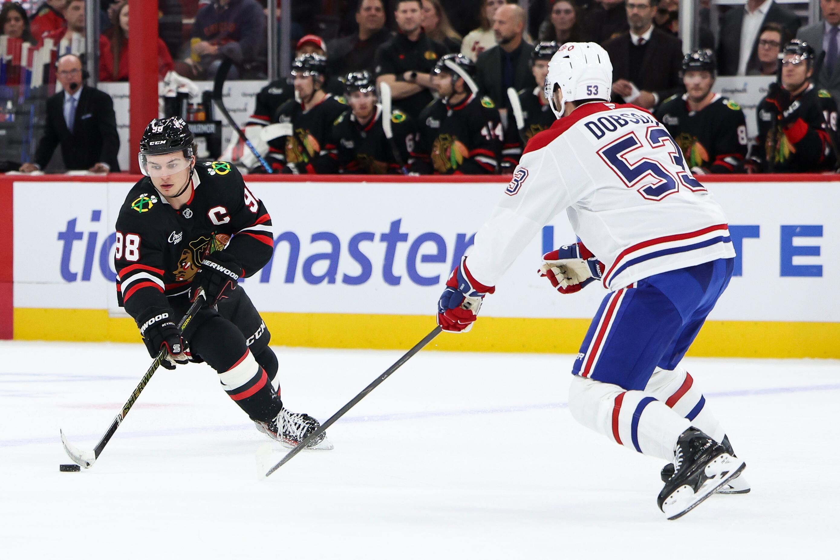 Connor Bedard carrying the puck against Montreal in Chicago on October 23, 2026