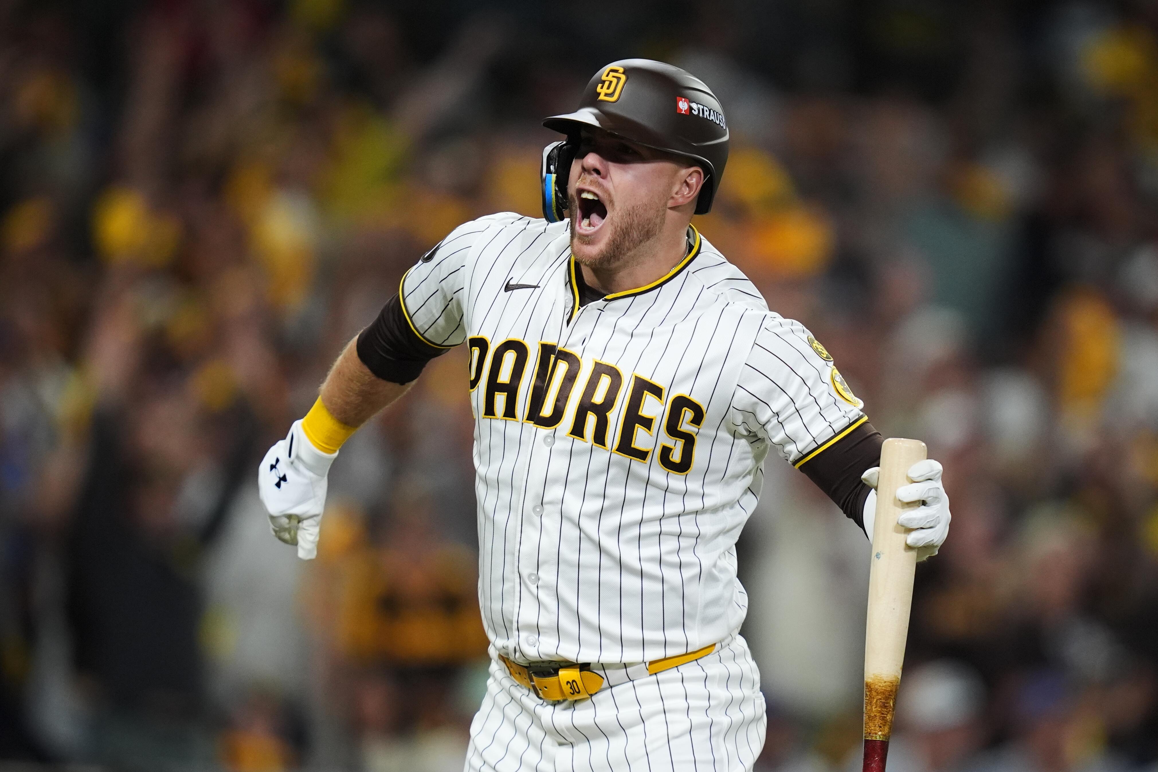 Gavin Sheets celebrates his two-run home run for the San Diego Padres in Game 2 of the 2026 NL Wild Card Series against the Chicago Cubs