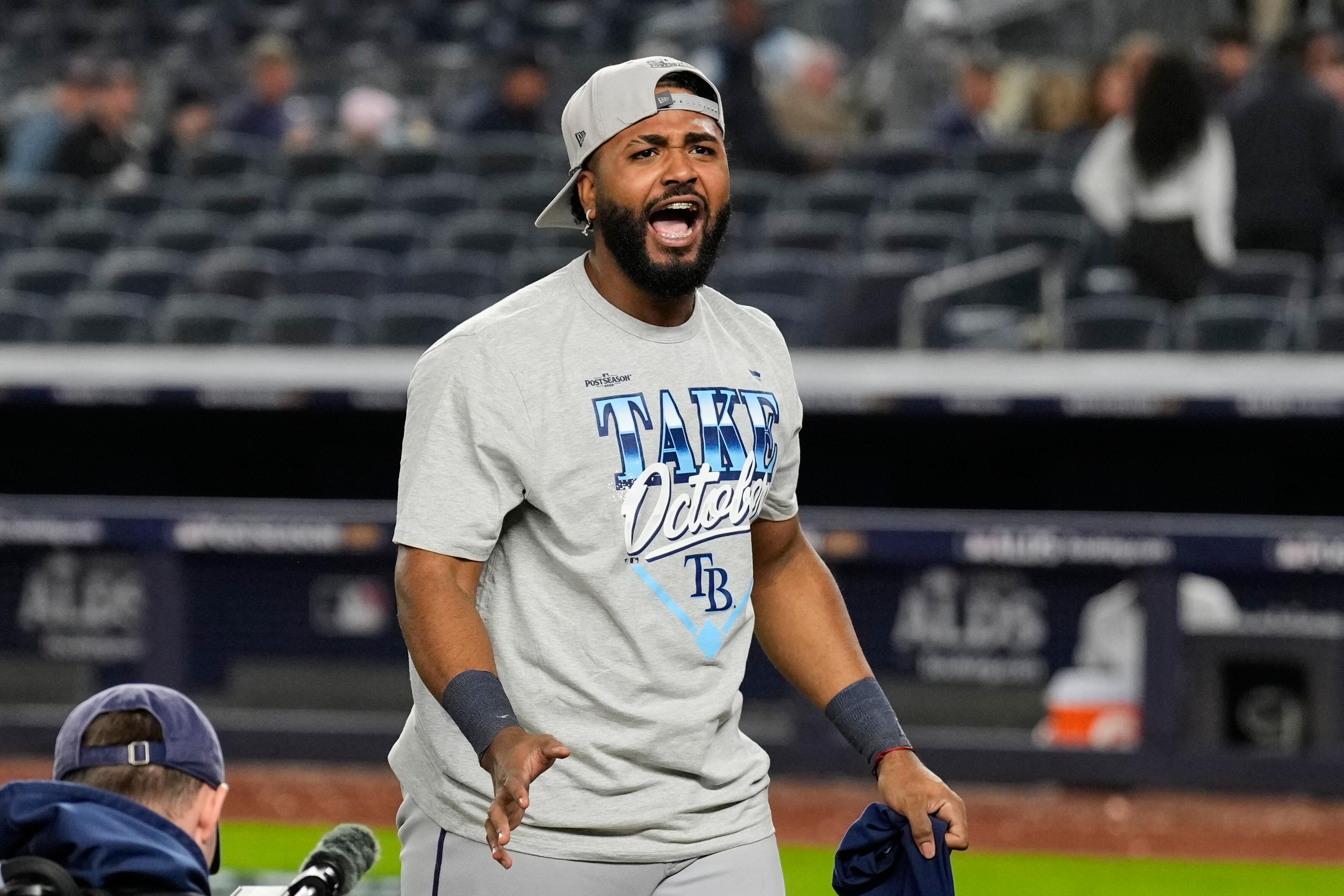 Junior Caminero celebrates after Tampa Bay sweeps the Yankees in ALDS Game 3 on October 7 2026