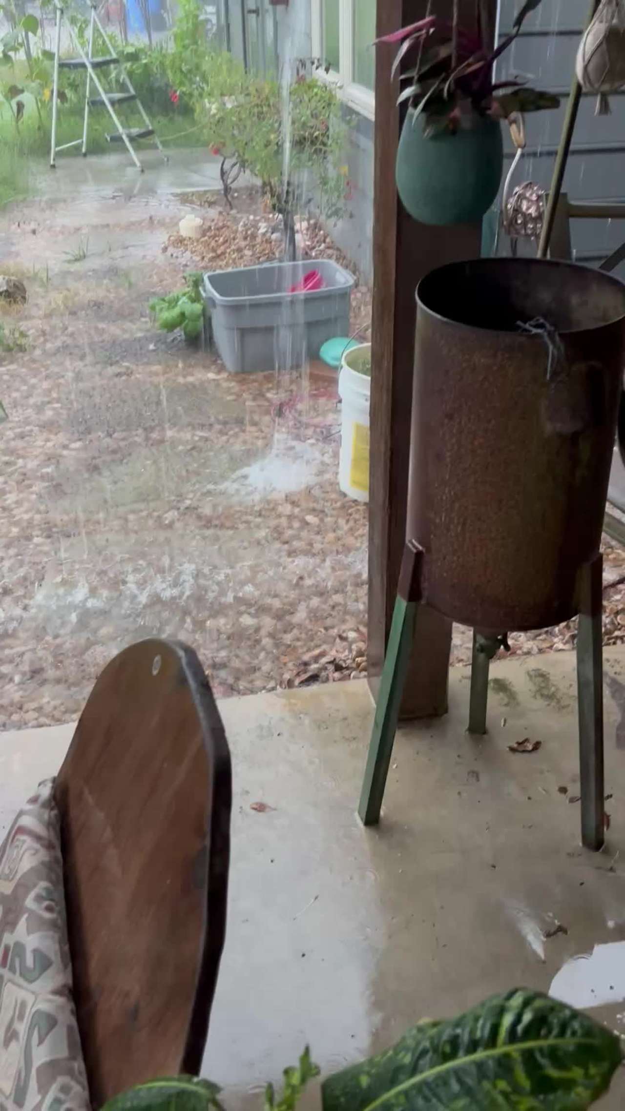 I had to knock a brick out of my flower bed, so the rain would drain out instead of pooling by my house. The rain was coming down so fast.